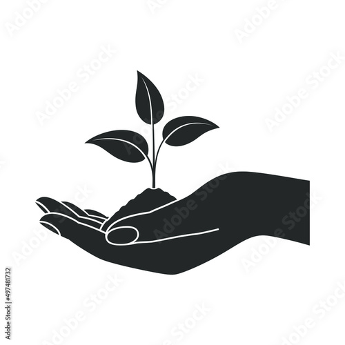 Human hand holding young plant. Nature protection and environmental friendly care symbol. Vector illustration