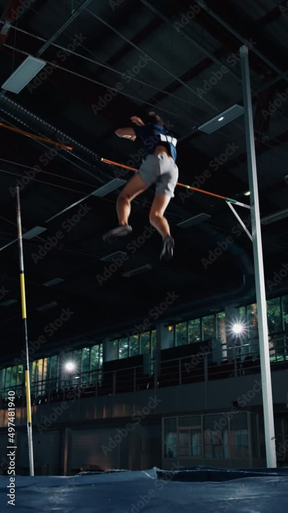 Vertical Video. Pole Vault Jumping Professional Male Athlete Running