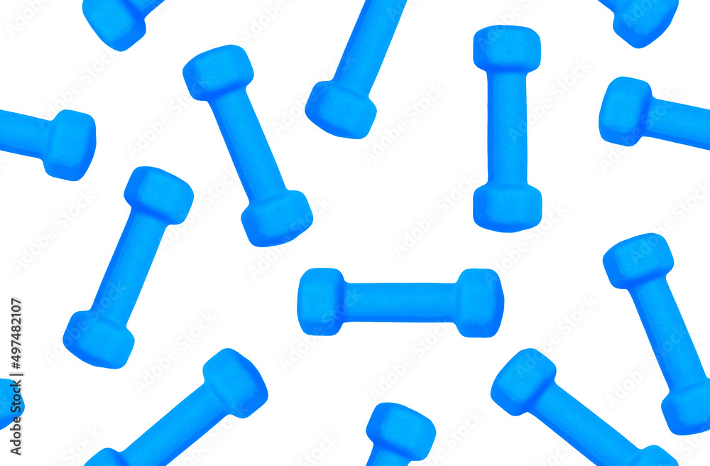 Pattern of blue dumbbells on a white background, sport seamless background 