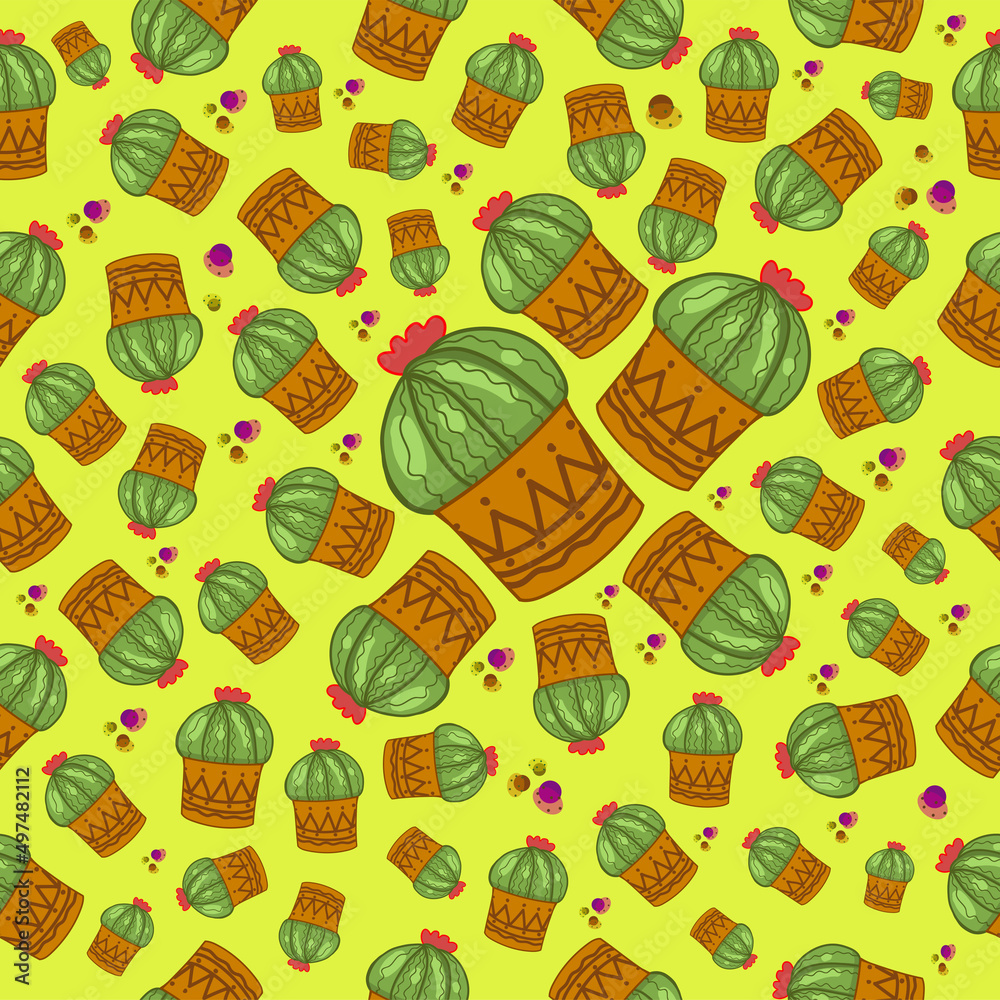 Cute seamless pattern with beautiful botanical flowers and bright patterns. Hand drawn botanical pots with cacti. Texture for scrapbooking, wrapping paper, invitations.
