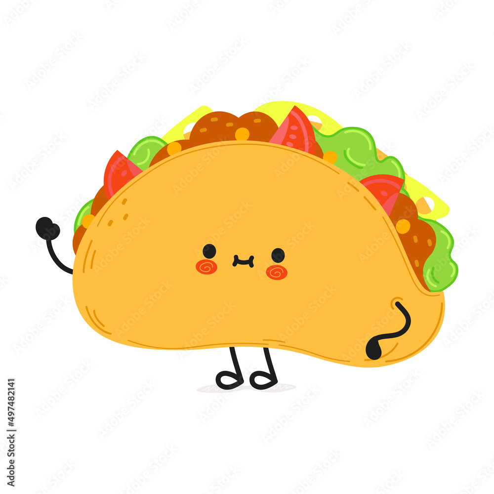 Cute funny taco waving hand character. Vector hand drawn cartoon kawaii character illustration icon. Isolated on white background. Taco character concept Cute funny taco waving hand character. Vector hand drawn cartoon kawaii character illustration icon. Isolated on white background. Taco character concept