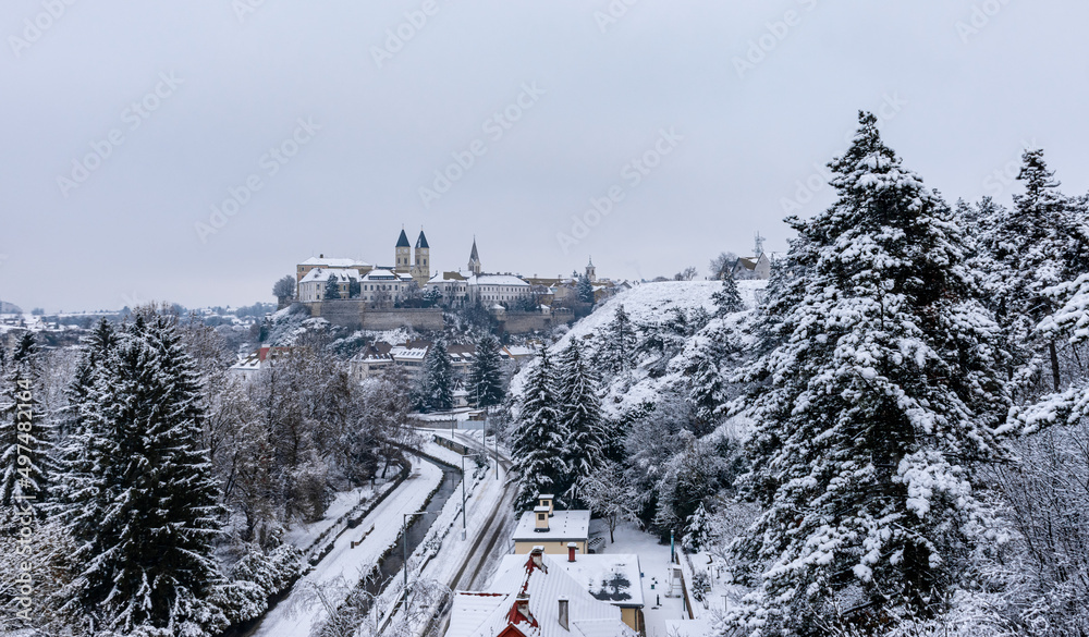 Distant view of the snowy Castle of Veszprém.