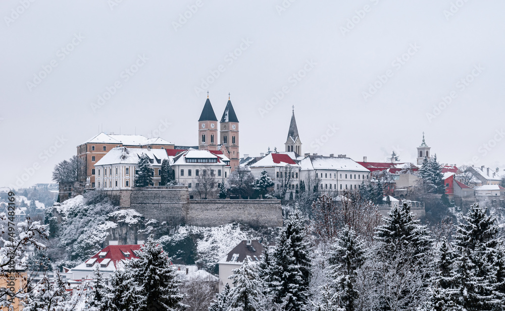 View of the snowy Castle of Veszprém.