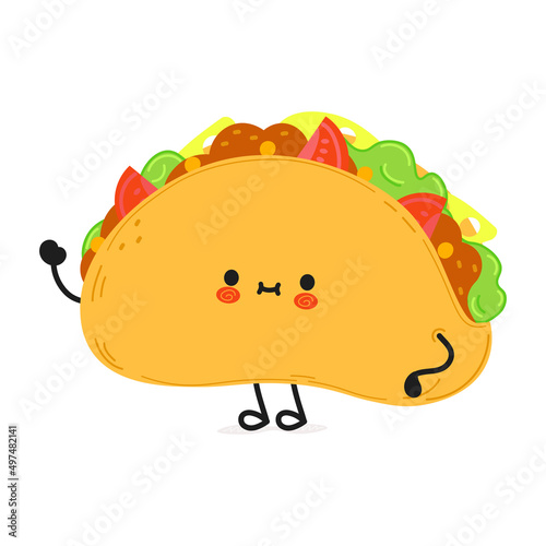 Cute funny taco waving hand character. Vector hand drawn cartoon kawaii character illustration icon. Isolated on white background. Taco character concept