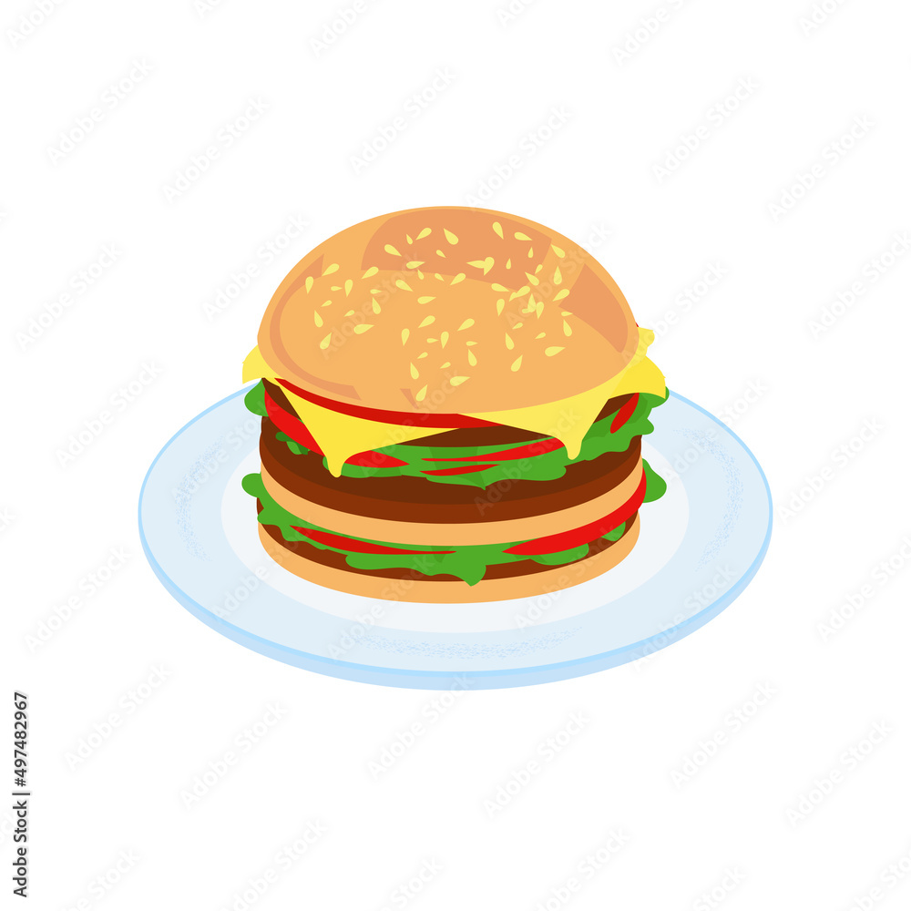 The hamburger is on the plate. Junk food, fast food. Vector The hamburger is on the plate. Junk food, fast food. Vector
