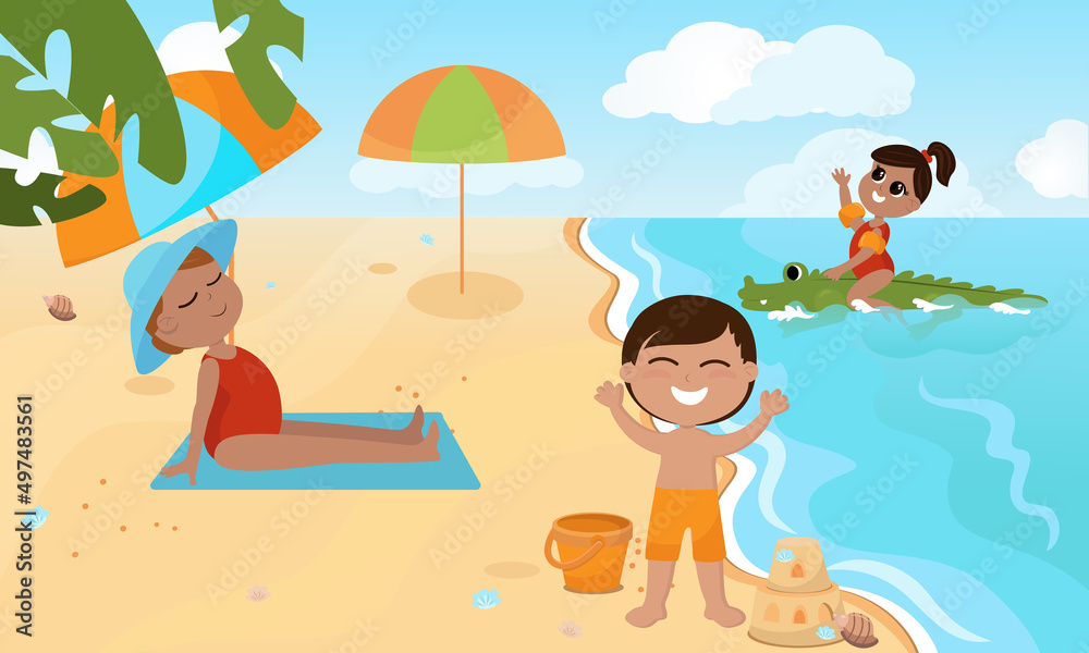 Children relax on the beach, sunbathe and swim on an air mattress on the sea. Cartoon illustration in children's style. Children are happy and smiling.