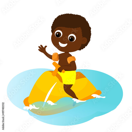 Summer holiday child cartoon style.The boy sits on a water scooter and floats on the water.  Vector illustration isolated on white background. Mood of happiness and joy.