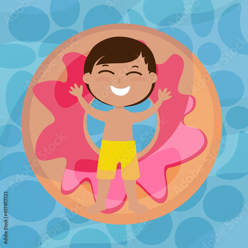 A happy boy lies on an inflatable mattress donut shaped on the water and sunbathes. The child is wearing shorts and smiling. Summer holiday cartoon style top view.