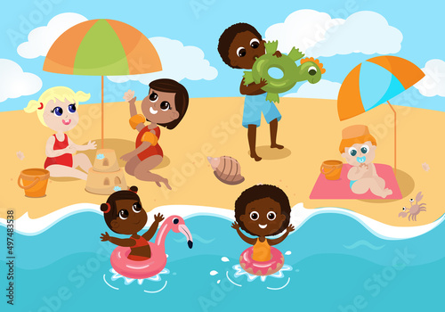 Children play on the beach, girls build a sand castle and sit under a sun umbrella. The boy inflates an inflatable ring, the baby sits on a blanket, the children swim in the sea.