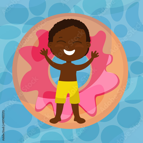 A happy boy lies on an inflatable donut shaped on the water. Summer holiday cartoon style top view. The child is wearing shorts and smiling.