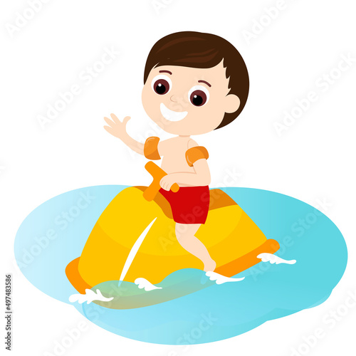 The boy sits on a water scooter and floats on the water. Summer holiday child cartoon style. Vector illustration isolated on white background. Mood of happiness and joy.