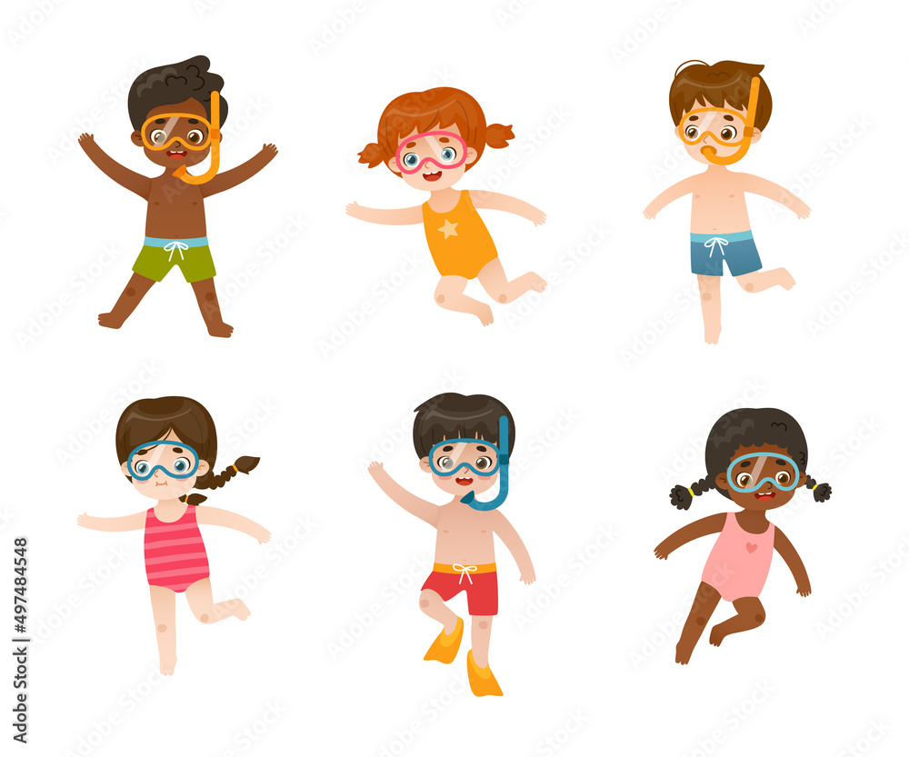 Cute diving kids set. Collection of cartoon children divers with snorkeling mask. Swimming underwater babies bundle. Cute diving kids set. Collection of cartoon children divers with snorkeling mask. Swimming underwater babies bundle.