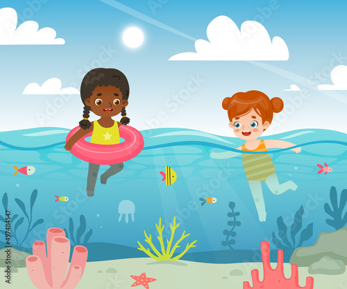 Pretty baby girls swimming in the sea. Adorable cartoon kids in the tropical ocean.
