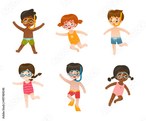 Cute diving kids set. Collection of cartoon children divers with snorkeling mask. Swimming underwater babies bundle.