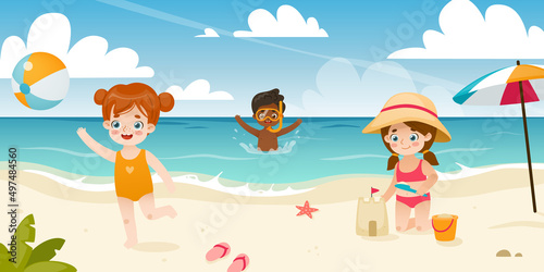 Cute children playing on the beach. Adorable kids on summer vacations. Babies resting on sea coast.