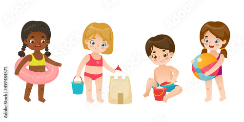 Happy kids playing on the beach set. Collection of adorable children on the summer vacations.