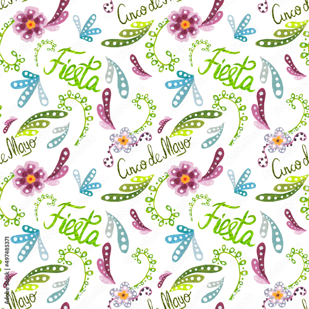 Obraz premium Watercolor pattern, lettering, botanical bright elements on a white background. Seamless pattern in Mexican style