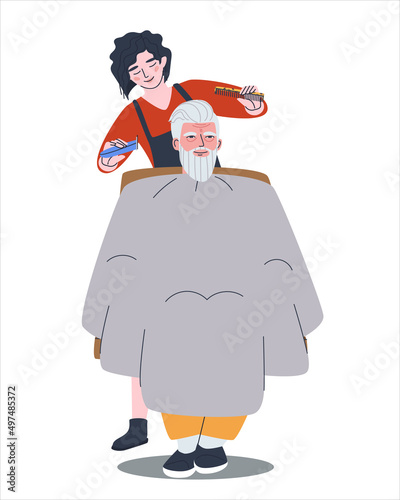 A handsome elderly man with gray hair and a long beard sits in a barber's chair for a haircut. A woman hairdresser with a comb and a razor cuts a male client's hair. Flat vector illustration. Eps10