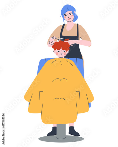 The child is sitting on a haircut in the barber's chair. Tired dissatisfied boy in the barbershop. Children's haircuts. Flat vector illustration. Eps10