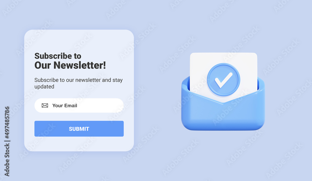 Subscribe to newsletter banner template with letter envelope and check mark. Email business marketing concept. Subscription to news and promotions. Registration form. Web button mockup. 3D Rendering Subscribe to newsletter banner template with letter envelope and check mark. Email business marketing concept. Subscription to news and promotions. Registration form. Web button mockup. 3D Rendering