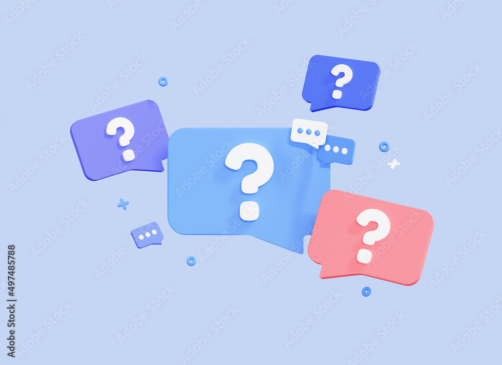3D Question mark on speech bubble icons. Message box with question sign. FAQ symbol concept. Cartoon element design isolated on blue background. Web banner. 3D Rendering - obrazy, fototapety, plakaty 
