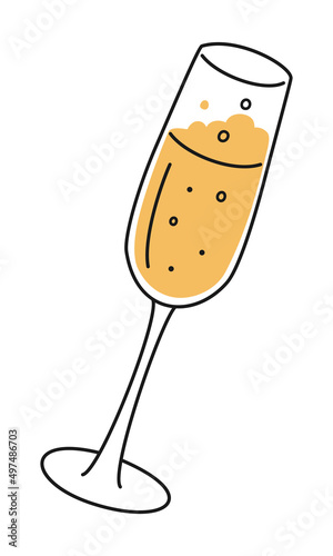 Hand drawn cute cartoon illustration glass of champagne or sparkling wine. Flat vector alcohol drink cocktail sticker in simple colored doodle style. Holiday celebration party icon or print. Isolated.