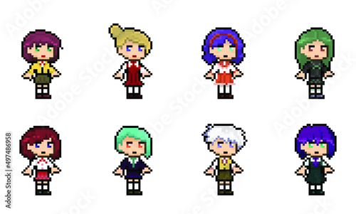 Big set of pixel cute female students, school uniform, retro anime character
