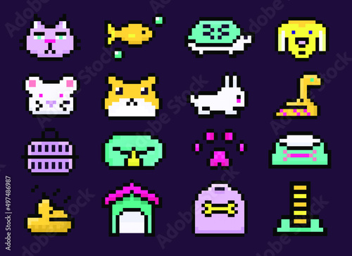 Pixel animal pets icons for retro game design