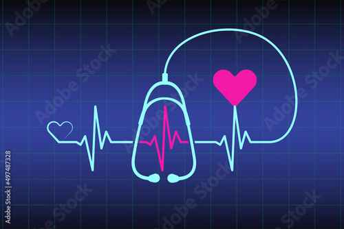Abstract stethoscope design, pink heart, ekg line illustration background. Healthcare background to use in health industry, cardiology, medical care, hospital, health science projects.

