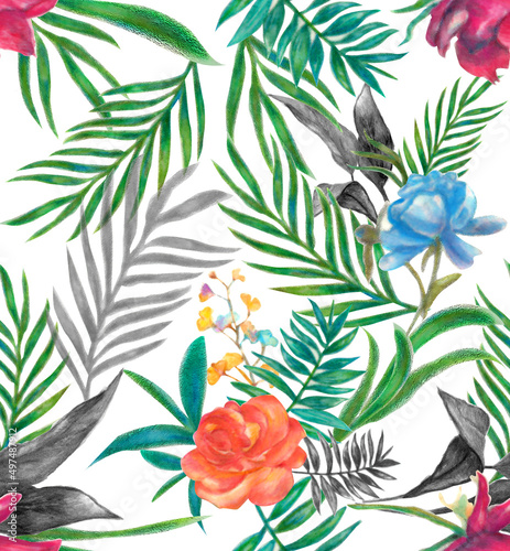 Flowers rose with leaves, watercolor, illustration for background. Seamless pattern © ilknur