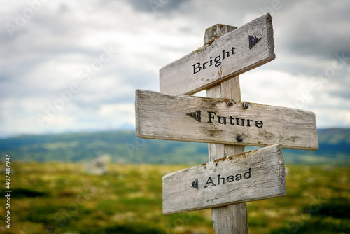 Slika na platnu bright future ahead text quote written in wooden signpost outdoors in nature