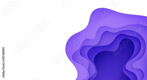 Abstract background in paper cut style. 3d white and purple colors waves with smooth shadow. Vector illustration with layered curved line shape. Rectangular composition of liquid layers in papercut.