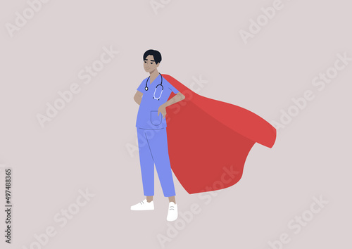 A young male Asian doctor wearing a red cape, superheroes at work