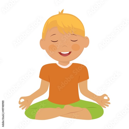 Children boy meditation. Kids yoga, relax, breathing lessons.Vector catoon illustration.