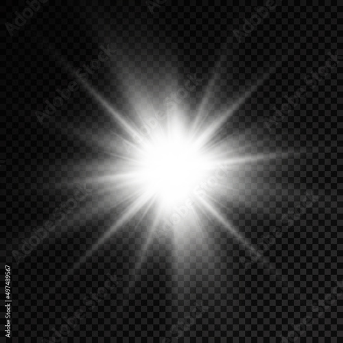 White glowing light star, burst sun rays.