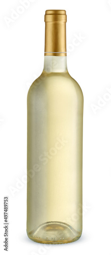 Transparent bottle of white wine isolated on white background photo