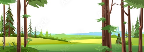 View of rural fields and meadows. Farmer Garden. Beautiful coniferous trees. Summer rural landscape. Illustration in cartoon style flat design Isolated on white background. Vector