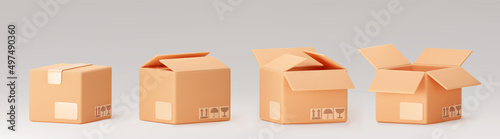 3d cardboard box icon set standing front view isolated on gray background. Render delivery cargo box with fragile care sign symbol, handling with care, protection from water rain. 3d realistic vector