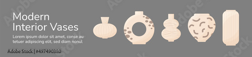 Interior decor vase set banner. Modern Scandinavian home decor vases and plant pots isolated on grey background. Boho style beige ceramic pottery jars. Flat cartoon vector illustration.