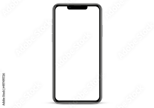 Realistic smartphone mockup. Mobile phone vector with isolated on white background. Device front view. 3D mobile phone with shadow. Realistic, high quality smart phone mockup for ui ux presentation.