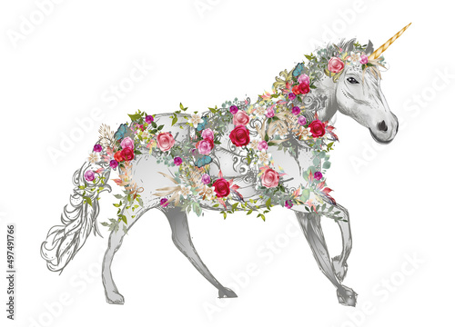 Galoppierende Einhorn mit Rosen