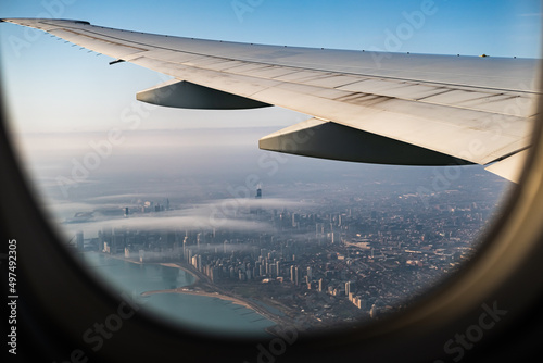 Chicago skyline take from an airplane window