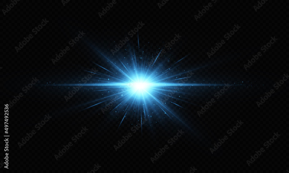 Shining blue star. Light Effect Bright Star, Christmas Star. White glowing light explodes.