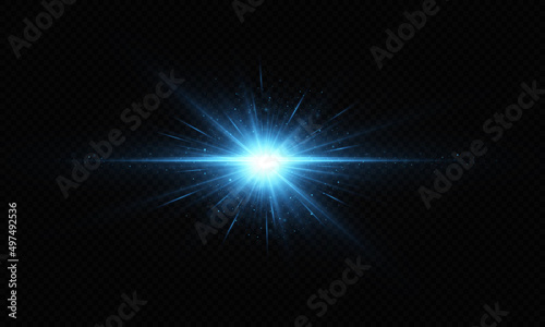 Shining blue star. Light Effect Bright Star  Christmas Star. White glowing light explodes.
