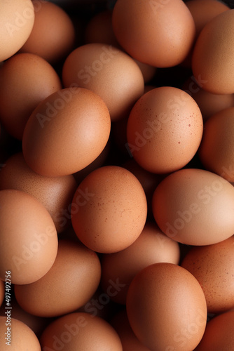 Close-up of many chicken brown eggs background.