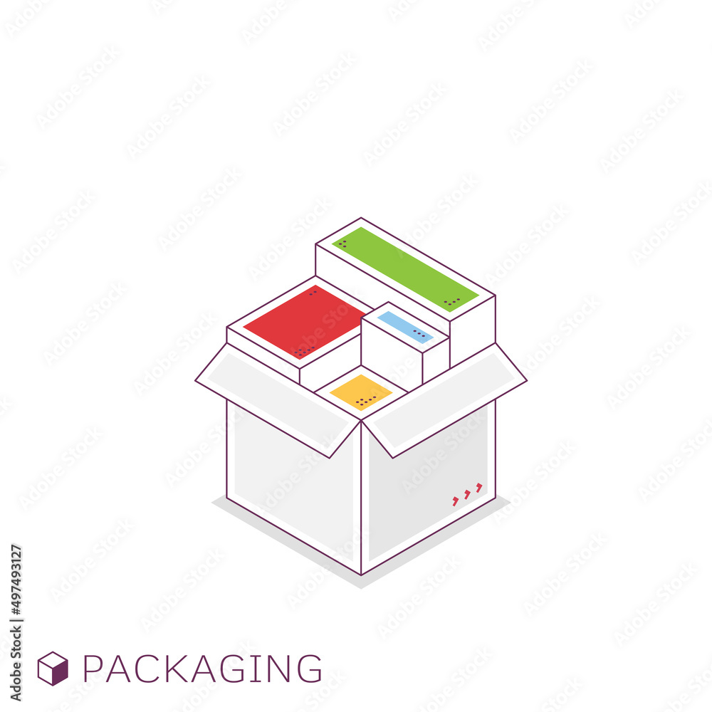Package isometric line style concept. Box with smaller items inside. Color boxes in one cardboard with lines and dots. Shipping and creating, developing compact modular packages and elements. Package isometric line style concept. Box with smaller items inside. Color boxes in one cardboard with lines and dots. Shipping and creating, developing compact modular packages and elements.