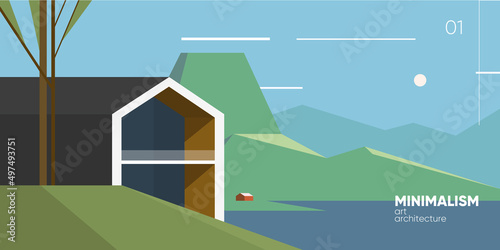 Minimalism architecture art. Modern scandinavian house on the hill. Scandinavian landscape. Vector illustration.