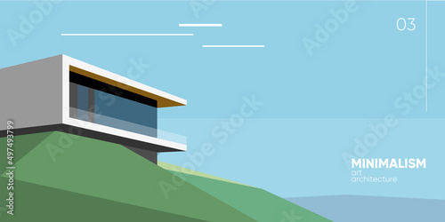 Minimalism architecture art. Modern scandinavian house on the hill. Scandinavian landscape. Vector illustration.