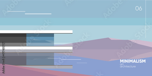 Minimalism architecture art. Modern scandinavian house on the hill. Scandinavian landscape. Vector illustration.