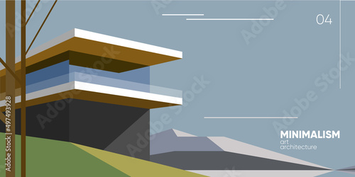 Minimalism architecture art. Modern scandinavian house on the hill. Scandinavian landscape. Vector illustration.